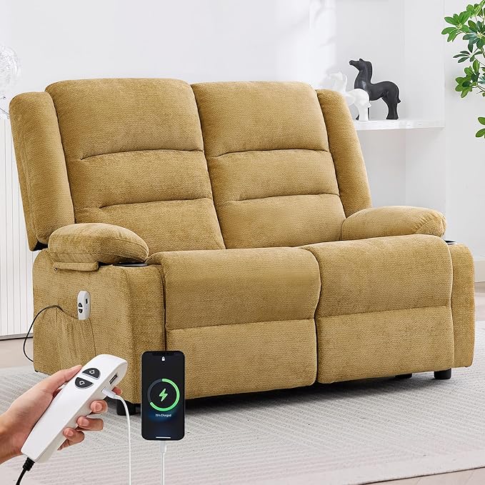 52Inch Power Loveseat ReclinerElectric Reclining Loveseat SofaAdjustable Love seat Recliner Sofa for Living RoomBedroom with Charging Ports(Yellow loveseat)