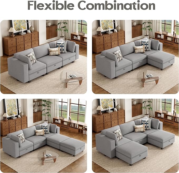 Modular Sectional Sofa Oversized L Shaped Sectional Couch with Storage Ottoman Modular Couch with Deep Seat Comfy Convertible Sectional Couches for Living Room and Apartment Light Grey