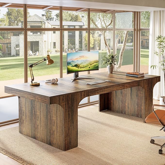 Tribesigns 70.87 Executive Office Desk Large Workspace Computer Desk Rustic Wooden Writing Table Simple Business Furniture with Arched Design for Home Office Rustic Brown