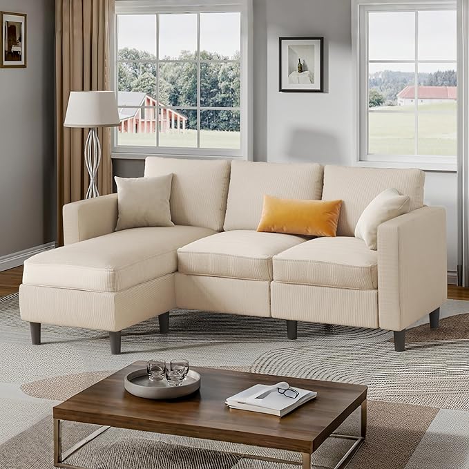 Shintenchi Small Sectional Sofa CouchesL Shape Convertible Sofa with Ottoman3 Seat Comfy Corduroy Upholstered Sofa CouchSmall Couch for ApartmentLiving Room and Office(Beige)