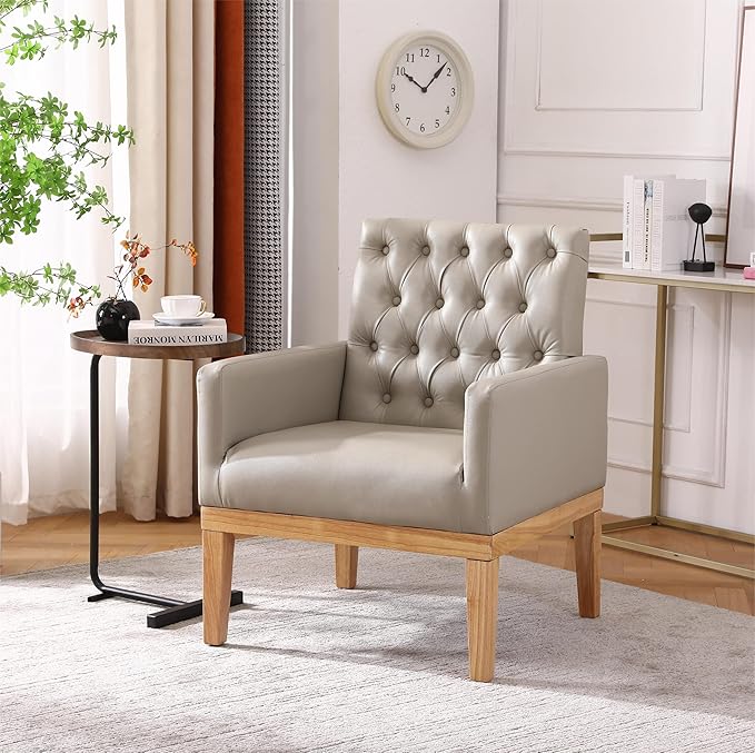 PU Leather Accent Chair Upholstered Lounge Single Sofa Armchair Comfortable Armchair with Wooden Legs in Log Color Modern Button Reading Chair for Bedroom Living Room Off-White