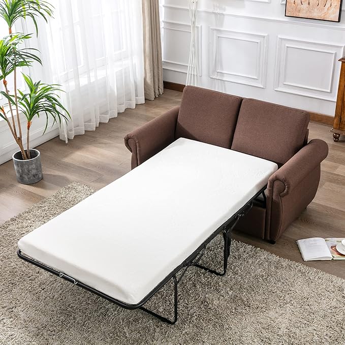 Merax 57.9 Loveseat Sofa Couch with Pull Out Bed 3 in 1 Convertible Line Fabric Sleeper Sofa Bed with 2 USB Ports and Twin Size Memory Mattress for Apartment Office Living Room (Brown)