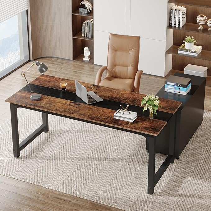 Tribesigns 70.8 L-Shaped Executive Office Desk with Drawer Cabinet Large L-Shaped Computer Desk with 39.4 File Cabinet Printer Stand Home Office Workstation Business Furniture Set Brown/Black