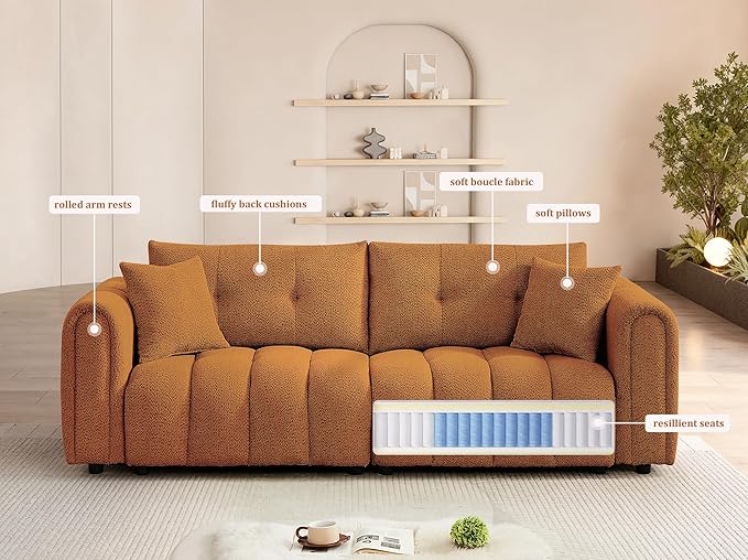 91.5 W Cloud Boucle Sofa for Living Room Modern Comfy Boucle Couch with Rolled Arms and Soft Pillows Teddy Oversized Loveseat for Apartment Studio Bedroom Orange