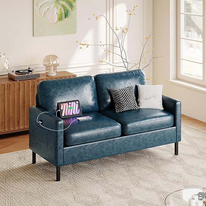 STHOUYN 57 W Faux Leather Loveseat w/ 2 USB Small Loveseat Sofa w/Side Pockets Wooden Frame Small Couch w/Metal Legs Office Mini Couch for Dorm Bedroom Apartment