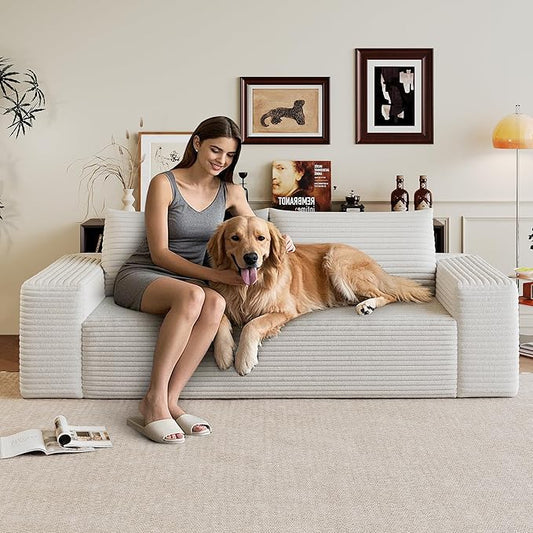 63 Cloud Loveseat Sofa Couch No Assembly Required 2 Seater Foam Floor Couches Modern Apartment Deep Seat Sofas with Corduroy FabricSmall Love SeatWhite