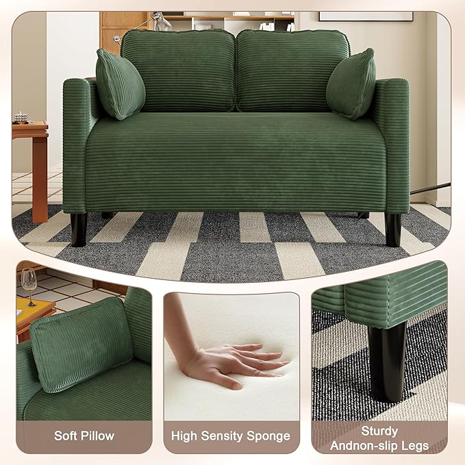 48 Loveseat Sofa Modern Corduroy Couch with 2 Pillows and Side Storage Pocket 2 Seater Small Sofa for Living Room Bedroom Apartment Office Green