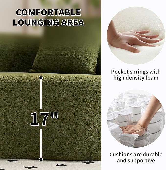 Oversized Sectional Sofa for Living Room 110 Modern Luxury Chenille 4-Seater Extra Deep &amp Wide Seat Curved Cloud Couch with 4 Throw Pillows No Assembly Needed Cream Green