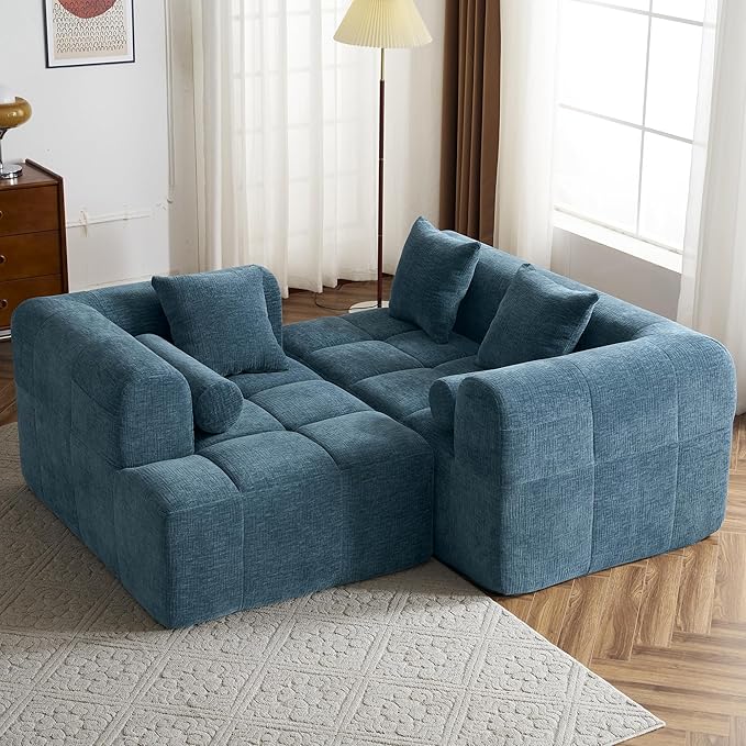 101.2 Sectional Sofa Full-Compressed Sofa Modular Sofa Couch Free-Combined with Deep Seating and Two Side Pockets for Living Room (Blue@90)