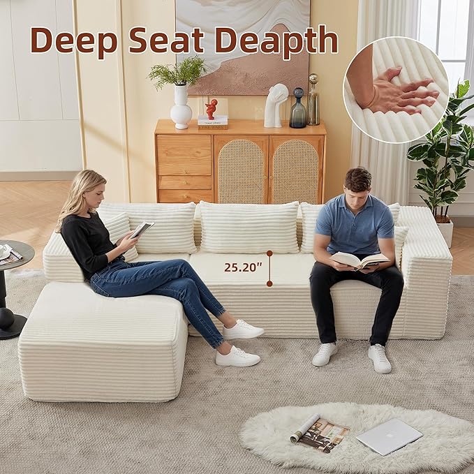 107 Combination Sofa Couches Does Not Require Assembling L-shaped ReclinerModular Sofa Set Of 2Fits Living Room Bedroom Office Corduroy FabricEquipped with headrest (left facing chaise White）