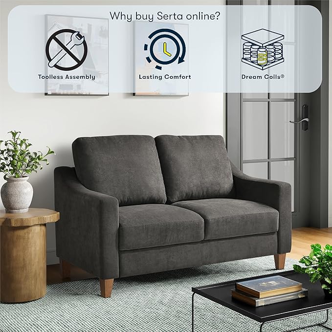 Serta® Armstrong 52 Soft Modern Sofa Sloped Track Arms Solid Wood Legs Easy Assembly Dream Coil® Comfort Soft Woven Polyester Fabric Gray