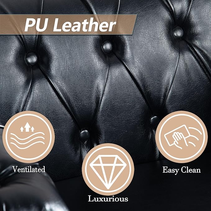 Oversized Chesterfield Chair PU Leather Accent Chair with Tufted Back Club Chair for Living Room Bedroom Gothic Victorian (Black)