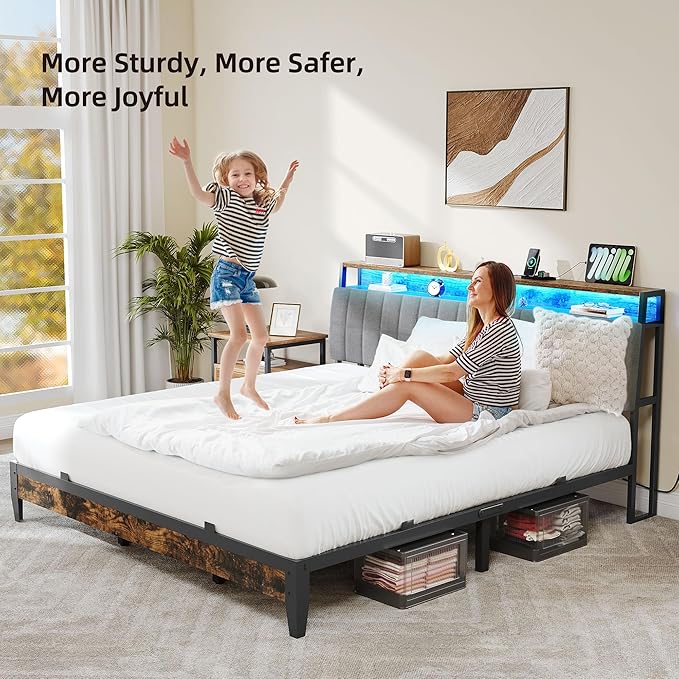 YITAHOME Full Size Beds with Charging Station 2-Tier Storage Headboard with RGB LED Lights Linen Upholstered Platform Beds Strong Wooden Slats No Box Spring Needed Noise Free Rustic Brown