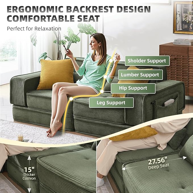 Modular Sofa Bed No Assembly Required Sectional Couch for Living Room Compressed Cloud Couch with Corduroy Fabric &amp Lumbar Pillows Small Space Furniture Green