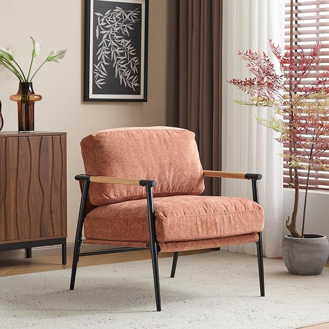 Christopher Knight Home Varsts 27.56 Accent Armchair with Plush Cushions Modern Seating Club Chair Minimalist Metal Frame and Wooden Armrest Design for Cozy Living Room Bedroom Office Orange