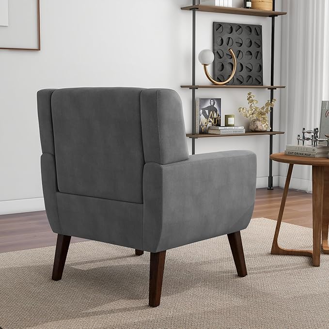 Accent Chair Mid-Century Modern Velvet Fabric Chairs with Arms for Living Room Comfy Upholstered Club Single Sofa Armchair for Bedroom Waiting Room with Solid Wood Frame (Velvet Grey Set of 1)