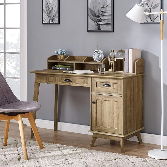Pemberly Row Wood Writing/Computer Desk with Hutch Golden Oak Finish 47.6 in x 20 in x 36.3 in Engineered Wood and Metal USB Hub Multiuse Drawer Durable Home Office Desk for Bedroom or Dorm