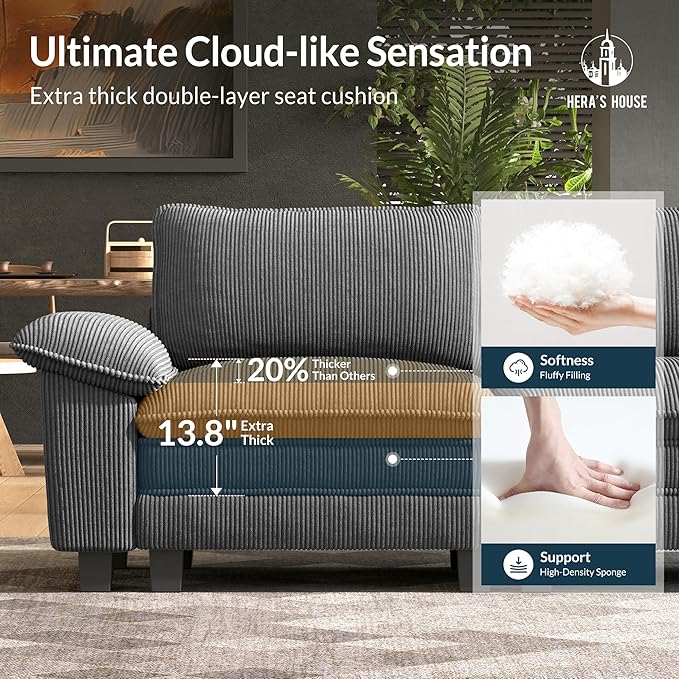 HERA'S HOUSE 158 Modular Sectional Sofa Oversized L Shaped Couches for Living Room Comfy Cloud Couch with Ottoman 5-Seater Deep Seat Sofa with Throw Pillow Corduroy Grey