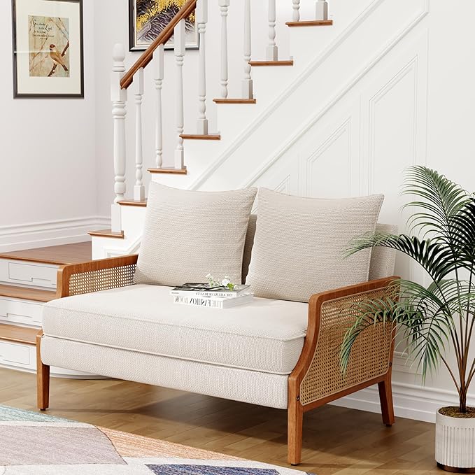 Loveseat Sofa Couches with Rattan Arms and Pillows for Living Dining Room Bedroom Office Entryway Small Spaces Ivory