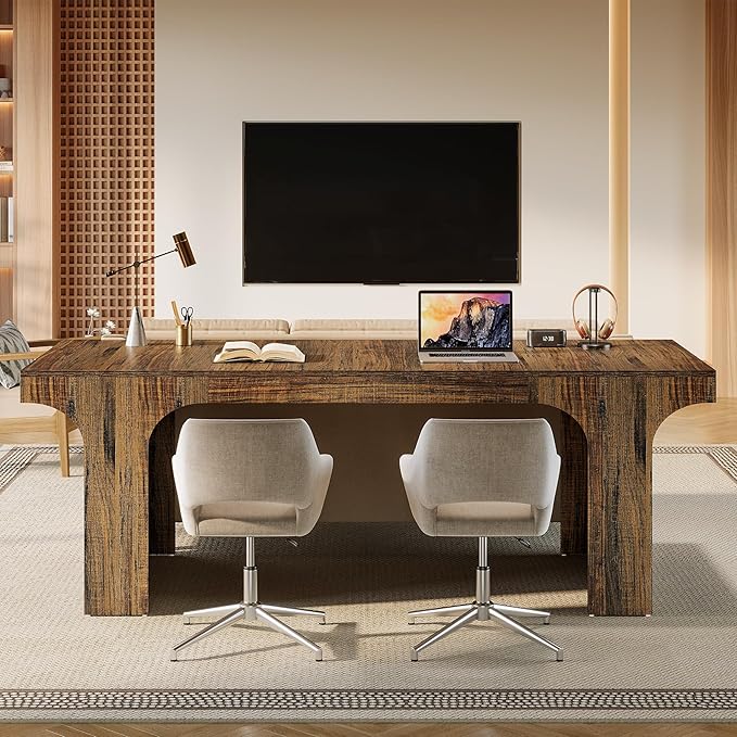 Tribesigns 70.87 Executive Office Desk Large Workspace Computer Desk Rustic Wooden Writing Table Simple Business Furniture with Arched Design for Home Office Rustic Brown