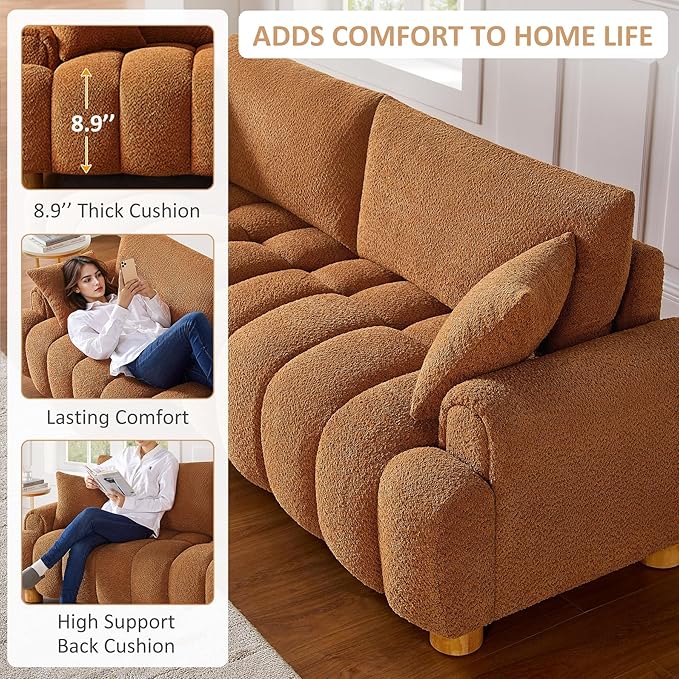 VANOMi Boucle Sofa Couch 91 Comfy Tufted Upholstered Cloud Couches Modern 3 Seater Sofa with Pillows Oversized Deep Seat Sherpa Couch for Living Room Bedroom Apartment (Curry)