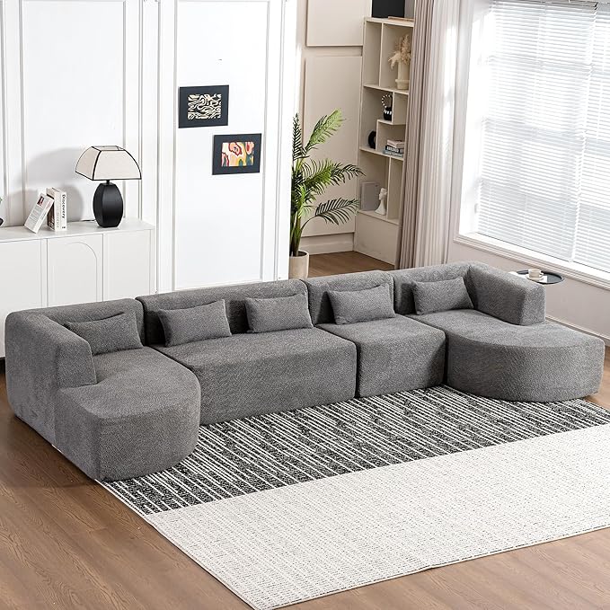 144 Sectional Sofa Modern U Shaped Couch Comfy Deep Seat Upholstered Sofa with 2 Chaise and 5 Back Pillows for Living Room Free-Combined Grey