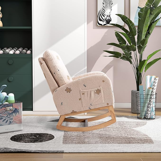 Nursery Chair 26.8 W Modern Rocking Chair for Nursery Mid Century Accent Rocker Armchair with Side Pocket Upholstered High Back Wooden Rocking Chair (Beige Boucle)