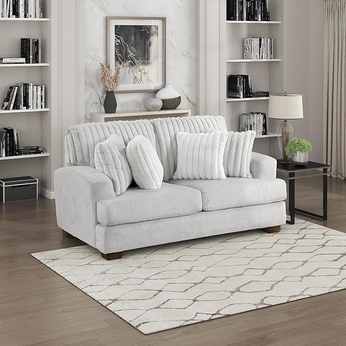 Lexicon Living Room Loveseat Modern Sofa Couch Textured Microfiber &amp Corduroy Upholstered Love Seat with Four Corduroy Pillows for Office/Living Room Light Gray