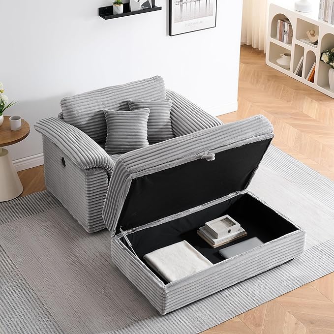 KEIKI 47.24 inch Corduroy Sofa Wide Corduroy Armchair with Storage Feet and 2 Throw Pillows Sleeper Couch for Living Room Apartment Salon Home Theater Gray