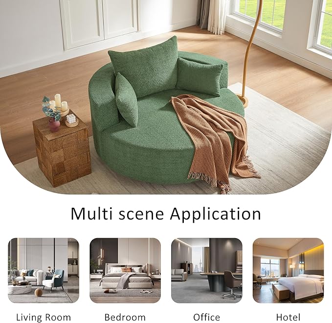 Merax 56 W Accent Chair 360°Swivel Chair with Seat Depth and 3 Removable Pillows Round Barrel Chenille Upholstered Lounge Armchair Sofa Couch for Living Room Bedroom Office or Hotel Green