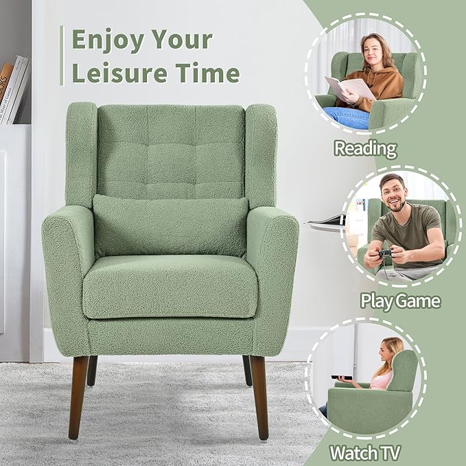 Modern Accent Chair Upholstered Arm Chair with Waist Pillow Single Sofa Chair for Living Room Bedroom Small Spaces (Light Green)