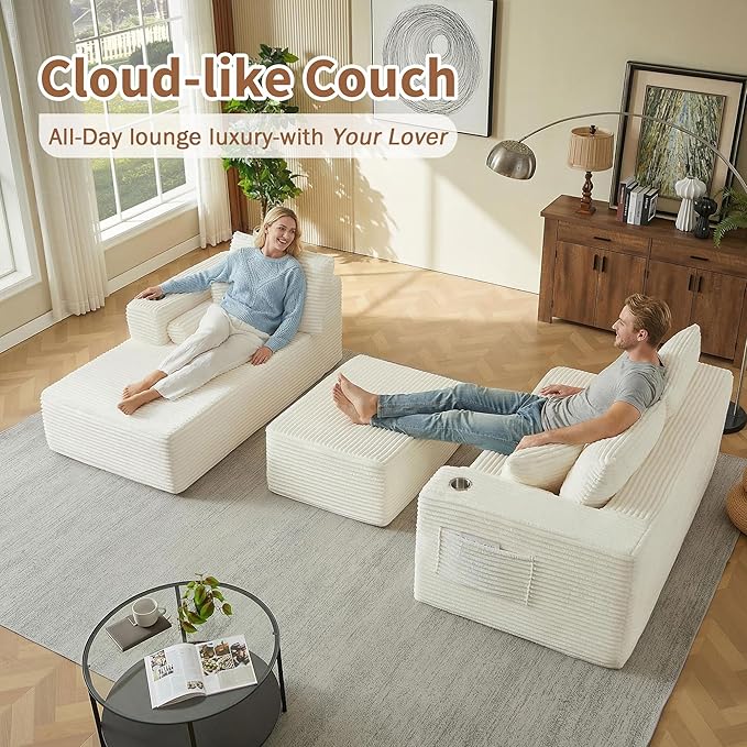 Kiztir 107 Boneless Couches for Living Room Corduroy Cloud Couch with Cup Holder and Pillows Convertible Deep Seat Sectional Sofa with Ottoman No Assembly Required (Beige) | Free Combination Wide
