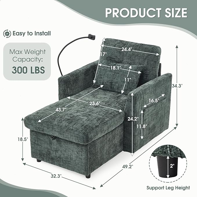 HOMEFUN Sleeper Chair Bed Lazy-Friendly Indoor Chaise Lounge with Storage Cell Phone Bracket Multifunctional Sofa for Bedroom Living Room Small Space Adults