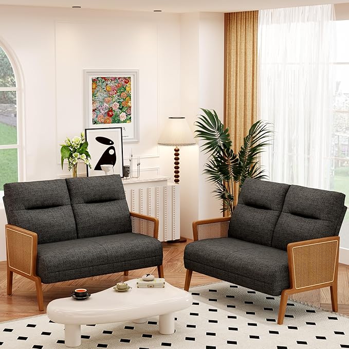 Love Seat Settee Mini Couch Upholstered Sofa with Natural Rattan Armrest Backrest Couch Bench Loveseat for Living Room Bedroom Grey