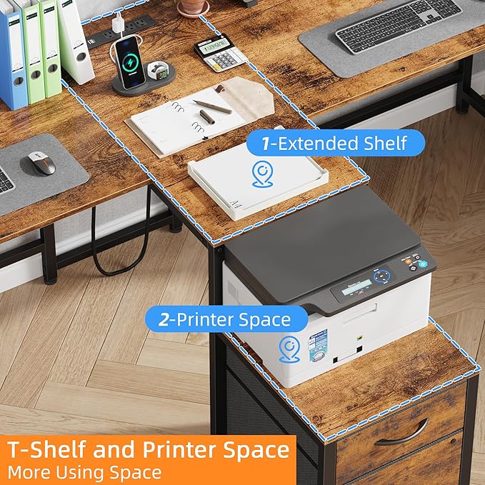 T-Shaped 2 Person Desk with Power Outlet Long Two Person Gaming Table with LED &amp Fabric Drawers 81.2'' Computer Desks with File Cabinet Double Workstation for Home Office Rustic Brown