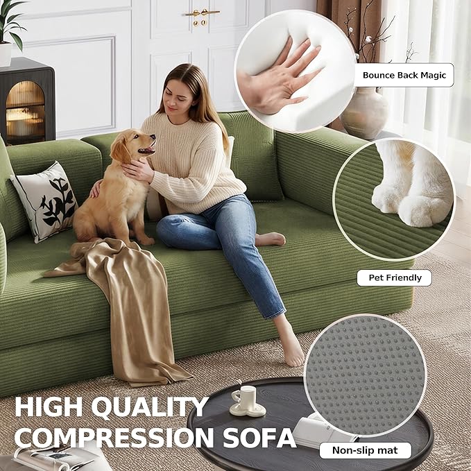 78.8 Boneless Sleeper Sofa BedConvertible Futon Couch with Storage Pocket and 2 PillowsModular Corduroy Sofa for livingroomSmall speaceGreen
