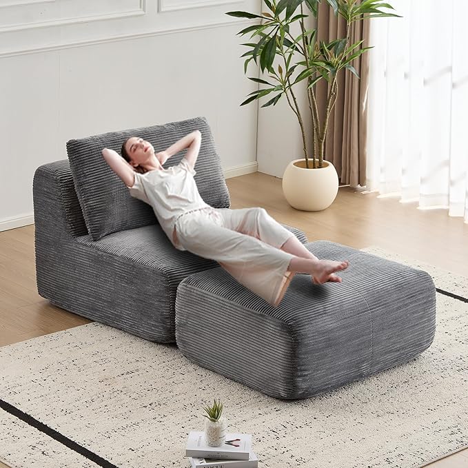 Memory Foam Compressed Sofa Bed Modern Grey Single Chaise Louge Comfy Futon Floor Couch Pet Friendly Fectional Couch for Living Room Bedroom No Assembly Movable OttomanCorduroy