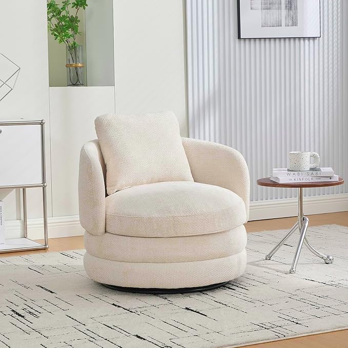 30 Modern Round Chenille Barrel Accent Chair 360° Swivel Ergonomic Comfy Upholstered with Pillow for Living Room Bedroom Reading Room Balcony Lounge Beige