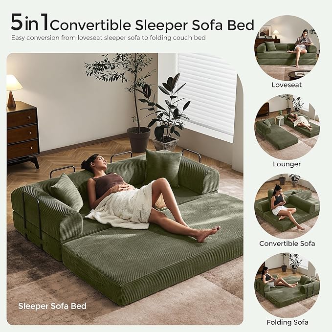 79 Modular Floor Sofa Convertible Sleeper Sofa Bed Removable Backrest Design Spacious Sleeping Area Easy Setup for Game Room Apartment (Light Green)