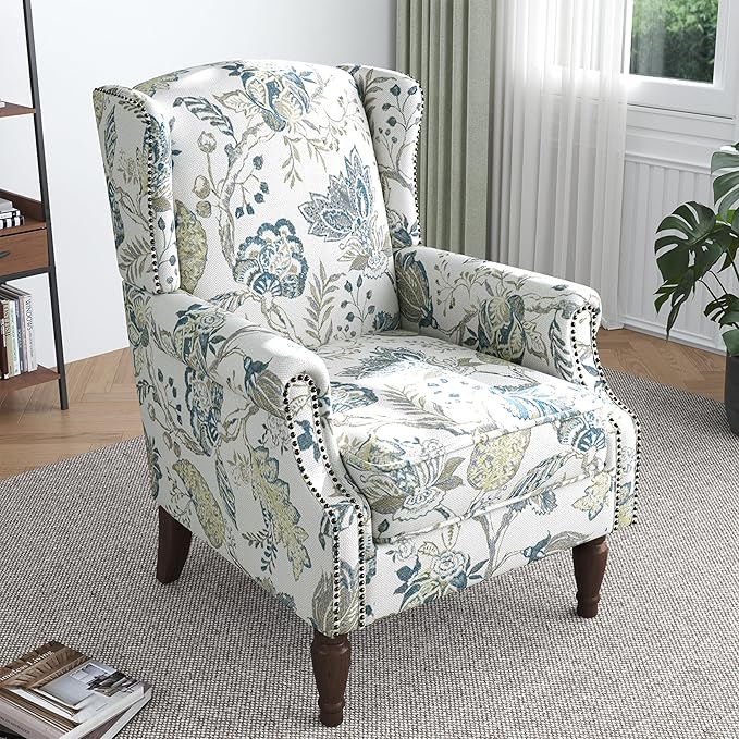 Lumibee High Back Accent Chair Set of 2 Armchair in FabricComfy Upholstered Wingback Single Sofa Reading Chairs with Solid Wood Legs for Living RoomBedroomOffice-Plants Blue