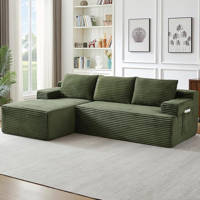 Modern Corduroy Modular Sectional Sofa96.1 Minimalist Style L-Shaped 3 Seat Couch with Side Storage PocketsComfortable Chaise Lounge for Living RoomReception AreaGreen Left Chaise Lounge