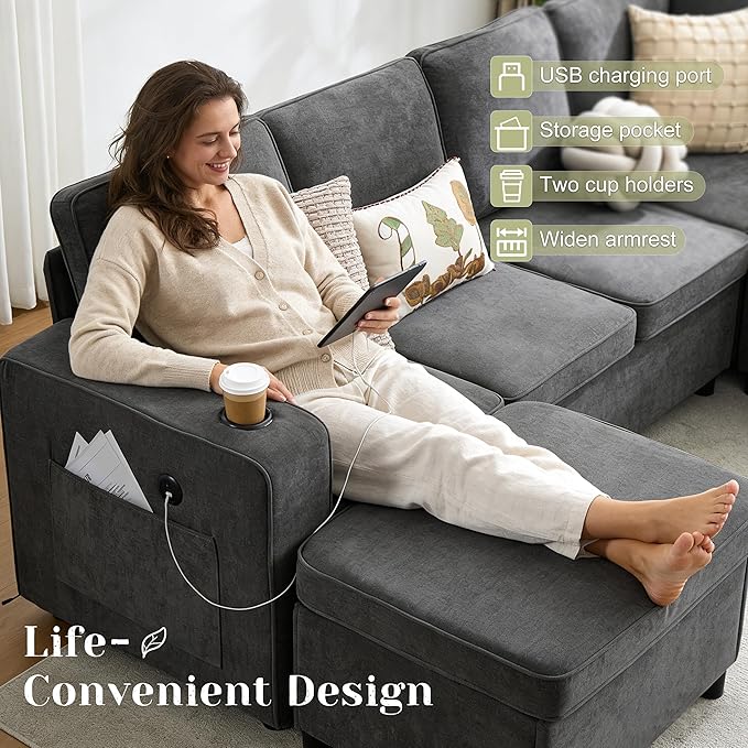107 Inch Sectional Sleeper Sofa with Pull Out Bed 7 Seat U Shaped Modular Sectional Sofa with Storage Ottoman USB Port &amp 6 Pillows Sectional Couches for Living Room &amp Apartment Modular Cou