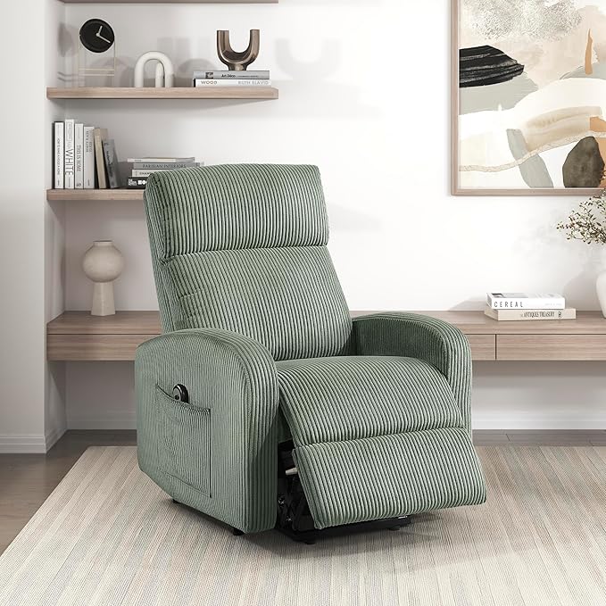 Lexicon Power Lift Recliner Chair for Elderly with Remote Control Gentle Lift Motion Side Pocket Armrest Corduroy Upholstered Electric Recliner for Living Room/Bedroom Easy Assembly Green