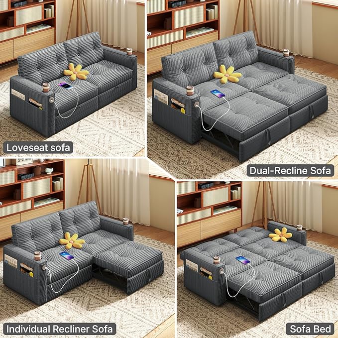 Rovibek 73.2 Convertible Sofa Bed Pull Out Couch with USB Charging Port &amp Cup Holders Adjustable Backrest Side Pockets Modern Corduroy Sleeper Sofa for Living Room Bedroom Apartment Grey