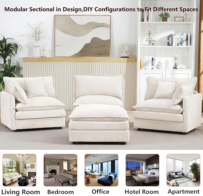 102 L-Shaped Sofa for Living RoomModular Sectional Cloud Sofa Couch with OttomanModern Chenille 3 Seater Sofas with Deep SeatSmall L Shaped Couches for Bedroom (Beige 102)