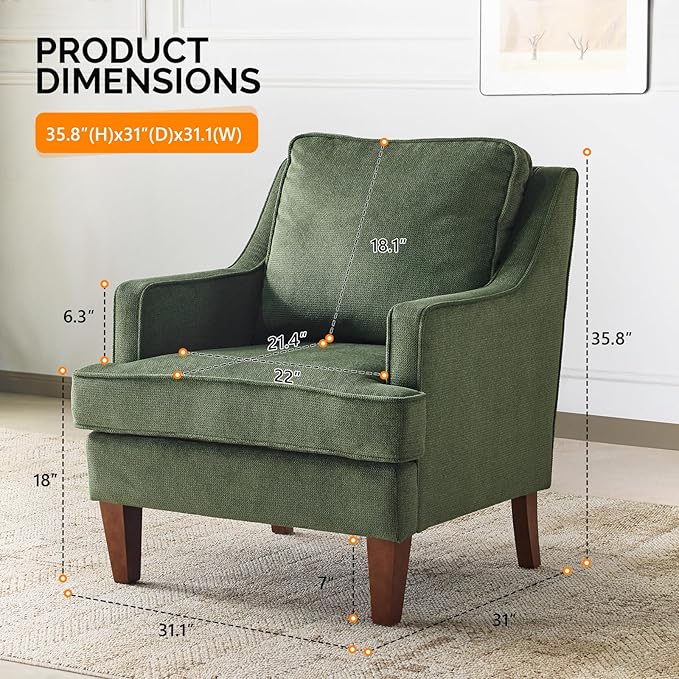 VINGLI Mid-Century Accent Chairs Green Upholstered Armchair Comfy Sofa Chair Reading Chair High Back Living Room Bedroom Furniture for Apartment