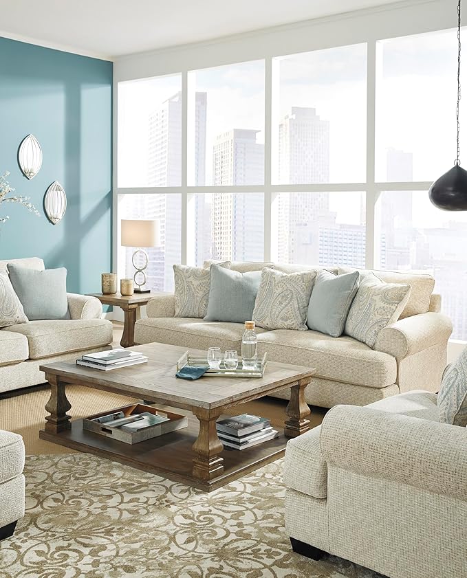 Signature Design by Ashley Monaghan Vintage Sofa with Accent Pillows Reversible Cushions and Rolled Arms Beige