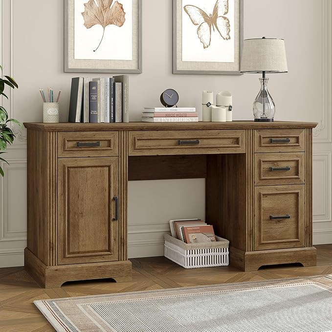 Furniouse 58 Executive Desk Farmhouse Computer Desk with Drawers and Cabinet with Charging Station Wooden Home Office Desk Workspace for Work &amp Writing Brown