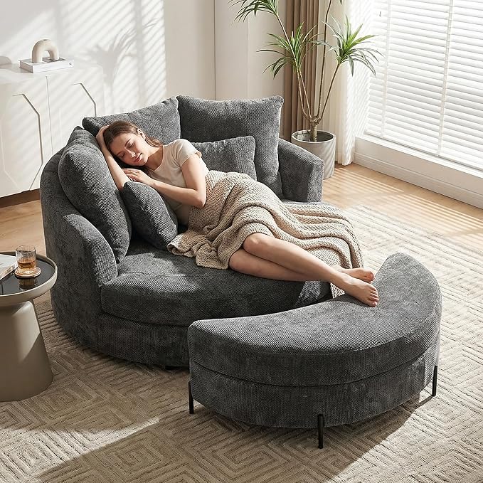 Aoiy &amp Wifon 59.8 W Oversized Barrel Chair with Ottoman Round Chair with Ottoman Extra Large Living Room Chair Set with Wheels Knitted Chenille Charcoal