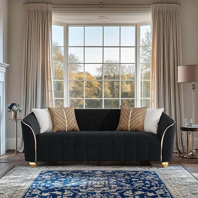 85 3-Seater Velvet Sofa - Modern Plush Spring Cushion Solid Wood Frame Spacious Deep Seat for Small Spaces Family Living Room &amp Office (Black 3S)